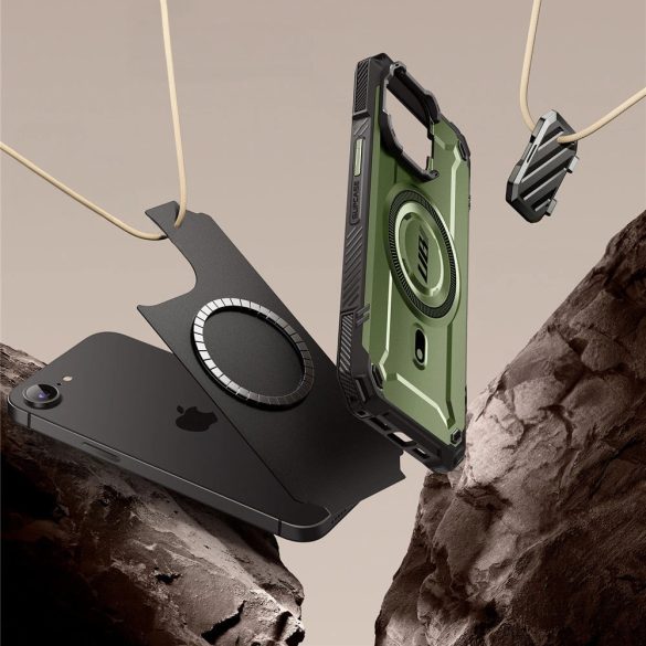 Apple iPhone 16e, Műanyag hátlap védőtok + szilikon keret, közepesen ütésálló, kamera védelem, kitámasztóval, Magsafe kompatibilis, SupCase Unicorn Beetle XT Mag, sötétzöld