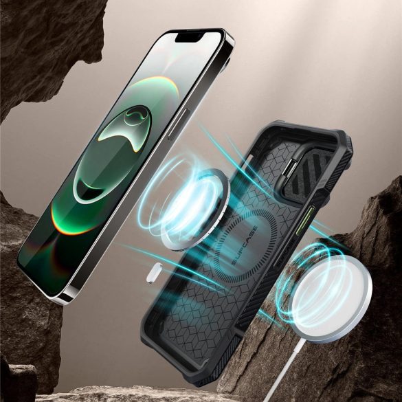 Apple iPhone 16e, Műanyag hátlap védőtok + szilikon keret, közepesen ütésálló, kamera védelem, kitámasztóval, Magsafe kompatibilis, SupCase Unicorn Beetle XT Mag, sötétzöld