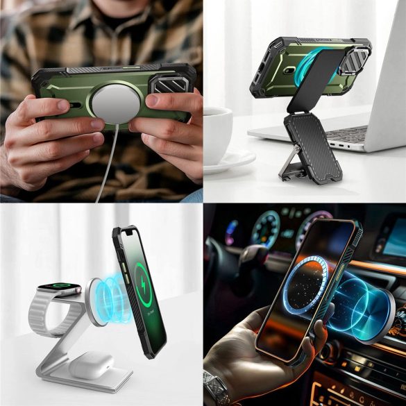 Apple iPhone 16e, Műanyag hátlap védőtok + szilikon keret, közepesen ütésálló, kamera védelem, kitámasztóval, Magsafe kompatibilis, SupCase Unicorn Beetle XT Mag, sötétzöld