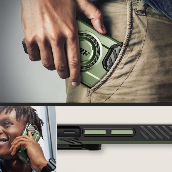 Apple iPhone 16e, Műanyag hátlap védőtok + szilikon keret, közepesen ütésálló, kamera védelem, kitámasztóval, Magsafe kompatibilis, SupCase Unicorn Beetle XT Mag, sötétzöld