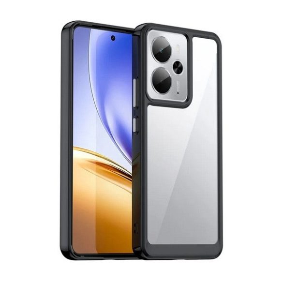 Realme 14 / 14T, Műanyag hátlap védőtok + szilikon keret, közepesen ütésálló, átlátszó hátlap, fekete