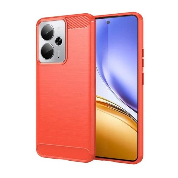 Realme 14 / 14T, Szilikon tok, közepesen ütésálló, szálcsiszolt, karbon minta, piros