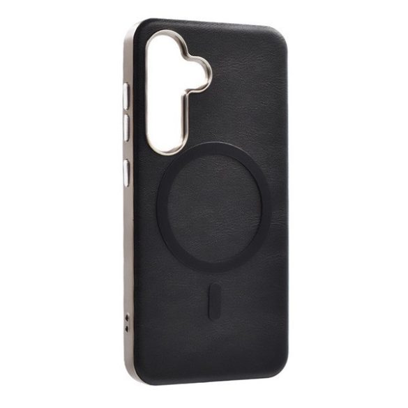 Samsung Galaxy S25 Plus SM-S936, Szilikon tok, ECO bőrhatású hátlap, fém hátsó kamera keret, Magsafe töltővel kompatibilis, fekete