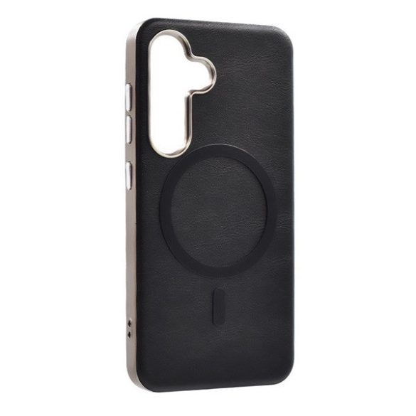 Samsung Galaxy A36 5G SM-A366B, Szilikon tok, ECO bőrhatású hátlap, fém hátsó kamera keret, Magsafe töltővel kompatibilis, fekete