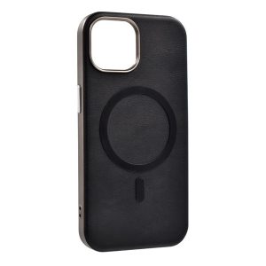 Apple iPhone 13, Szilikon tok, ECO bőrhatású hátlap, fém hátsó kamera keret, Magsafe töltővel kompatibilis, fekete