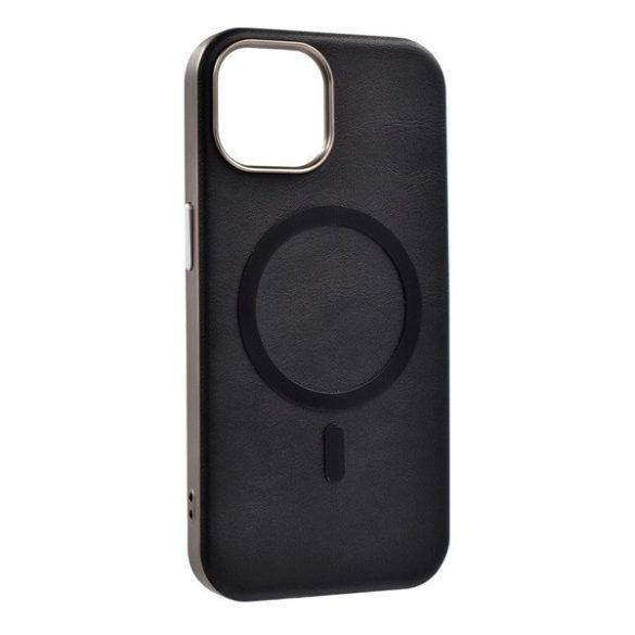 Apple iPhone 13 Pro, Szilikon tok, ECO bőrhatású hátlap, fém hátsó kamera keret, Magsafe töltővel kompatibilis, fekete