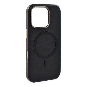 Apple iPhone 16 Pro, Szilikon tok, ECO bőrhatású hátlap, fém hátsó kamera keret, Magsafe töltővel kompatibilis, fekete