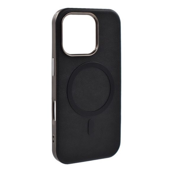 Apple iPhone 16 Pro, Szilikon tok, ECO bőrhatású hátlap, fém hátsó kamera keret, Magsafe töltővel kompatibilis, fekete