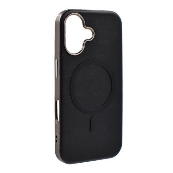 Apple iPhone 16, Szilikon tok, ECO bőrhatású hátlap, fém hátsó kamera keret, Magsafe töltővel kompatibilis, fekete