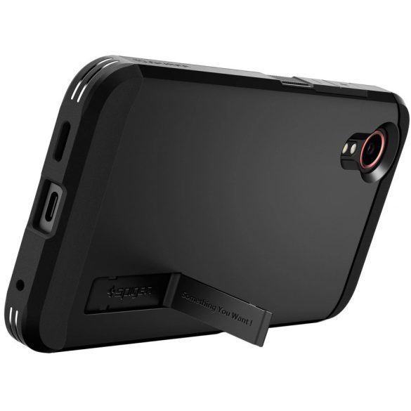 Samsung Galaxy Xcover 7 Pro SM-G766B, Szilikon tok + műanyag hátlap, kitámasztóval, Spigen Tough Armor, fekete