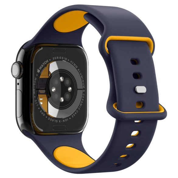 Apple Watch 4-6, SE, SE (2022) (38 / 40 mm) / Watch 7-9 (41 mm) / Watch 10 (42 mm), szilikon pótszíj, állítható, Spigen Nano Pop, sötétkék/sárga