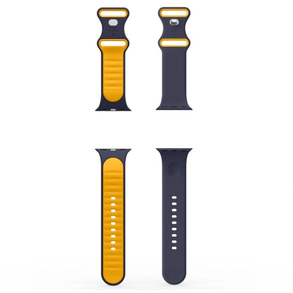 Apple Watch 4-6, SE, SE (2022) (38 / 40 mm) / Watch 7-9 (41 mm) / Watch 10 (42 mm), szilikon pótszíj, állítható, Spigen Nano Pop, sötétkék/sárga