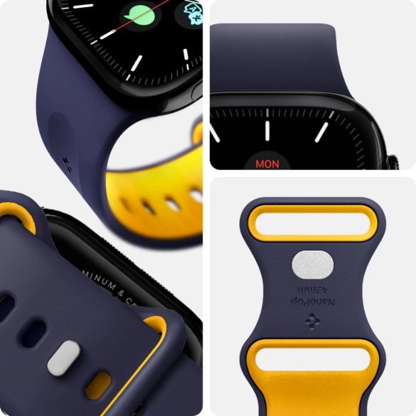 Apple Watch 4-6, SE, SE (2022) (38 / 40 mm) / Watch 7-9 (41 mm) / Watch 10 (42 mm), szilikon pótszíj, állítható, Spigen Nano Pop, sötétkék/sárga