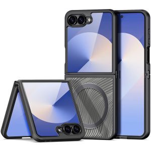 Samsung Galaxy Z Flip7 SM-F766B, Műanyag hátlap védőtok + szilikon keret, Magsafe töltővel kompatibilis, hullám minta, Dux Ducis Aimo Mag, áttetsző/fekete