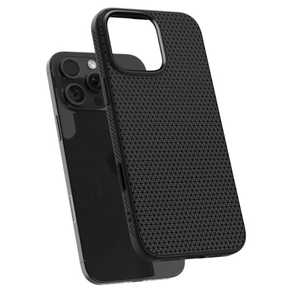 Apple iPhone 16 Pro, Szilikon tok, Magsafe töltővel kompatibilis, háromszög minta, érintő funkciós gombfedéllel, Spigen Liquid Air "T" Mag, fekete