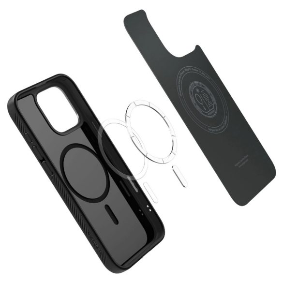 Apple iPhone 16 Pro, Szilikon tok, Magsafe töltővel kompatibilis, háromszög minta, érintő funkciós gombfedéllel, Spigen Liquid Air "T" Mag, fekete