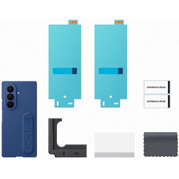 Samsung Galaxy Z Fold7 SM-F966B, Szilikon tok, + 2 db kijelzővédő fólia, matt, kitámasztóval, kék, gyári