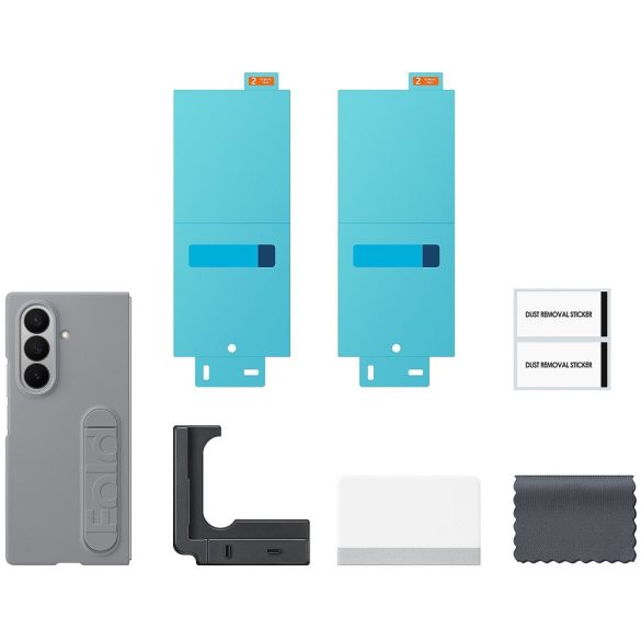 Samsung Galaxy Z Fold7 SM-F966B, Szilikon tok, + 2 db kijelzővédő fólia, matt, kitámasztóval, szürke, gyári