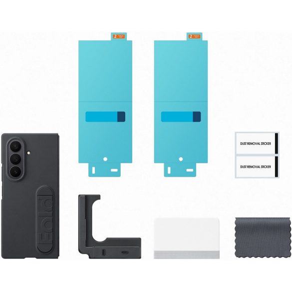 Samsung Galaxy Z Fold7 SM-F966B, Szilikon tok, + 2 db kijelzővédő fólia, matt, kitámasztóval, fekete, gyári