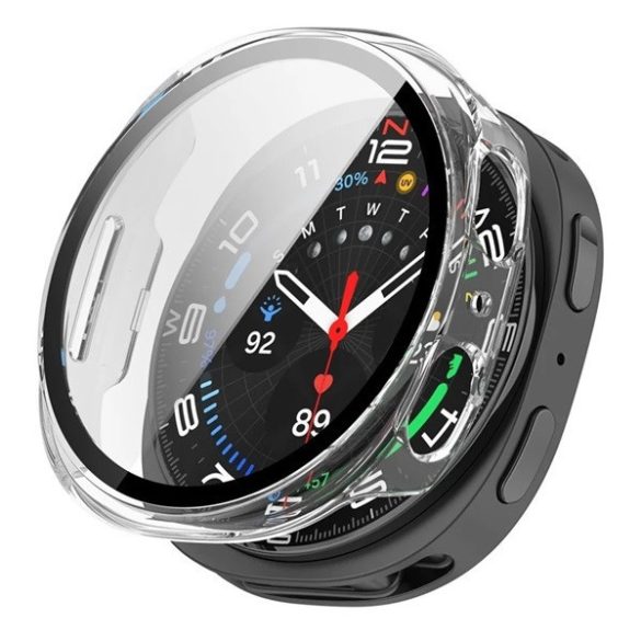 Samsung Galaxy Watch 8 (44 mm) SM-L330 / L335, Műanyag védőkeret, kijelzővédő üveggel, közepesen ütésálló, szíj nélkül, átlátszó