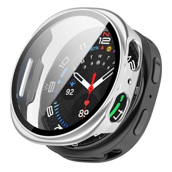 Samsung Galaxy Watch 8 (44 mm) SM-L330 / L335, Műanyag védőkeret, kijelzővédő üveggel, közepesen ütésálló, szíj nélkül, ezüst