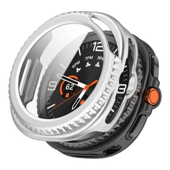 Samsung Galaxy Watch 8 Classic (46 mm) SM-L500 / L505, Műanyag védőkeret, kijelzővédő üveggel, közepesen ütésálló, szíj nélkül, ezüst