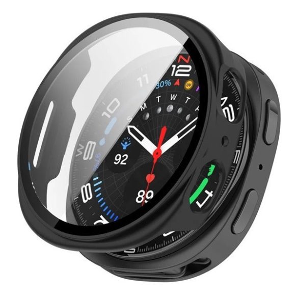 Samsung Galaxy Watch 8 (44 mm) SM-L330 / L335, Műanyag védőkeret, kijelzővédő üveggel, közepesen ütésálló, szíj nélkül, fekete