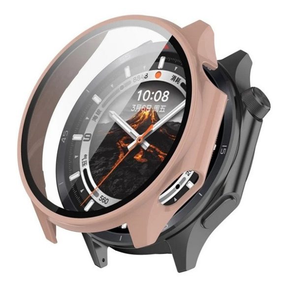 OnePlus Watch 3 (43 mm), Műanyag védőkeret, kijelzővédő üveggel, közepesen ütésálló, szíj nélkül, rózsaszín