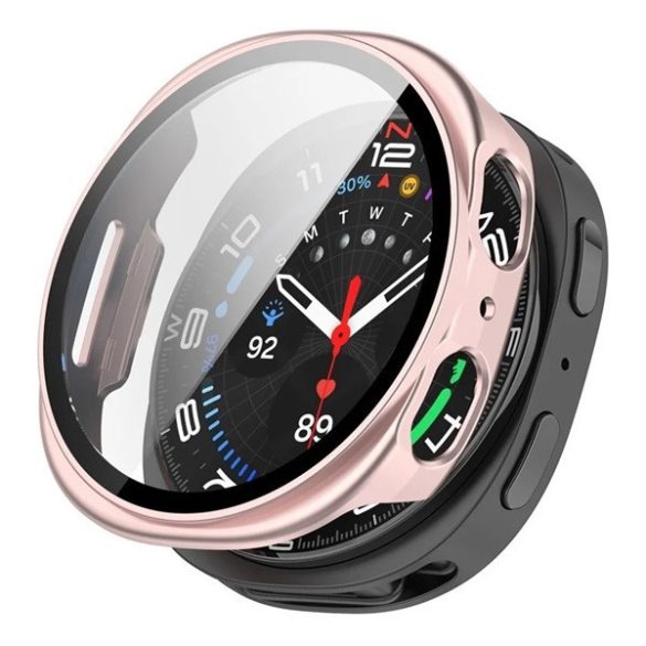 Samsung Galaxy Watch 8 (44 mm) SM-L330 / L335, Műanyag védőkeret, kijelzővédő üveggel, közepesen ütésálló, szíj nélkül, rózsaszín