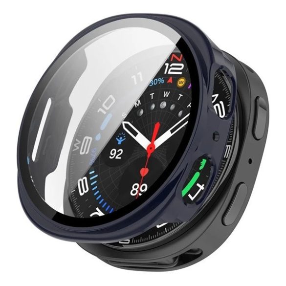 Samsung Galaxy Watch 8 (44 mm) SM-L330 / L335, Műanyag védőkeret, kijelzővédő üveggel, közepesen ütésálló, szíj nélkül, sötétkék