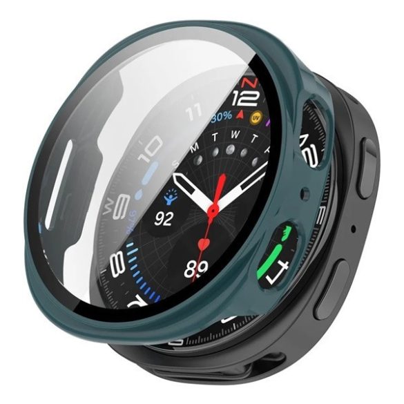 Samsung Galaxy Watch 8 (44 mm) SM-L330 / L335, Műanyag védőkeret, kijelzővédő üveggel, közepesen ütésálló, szíj nélkül, sötétzöld