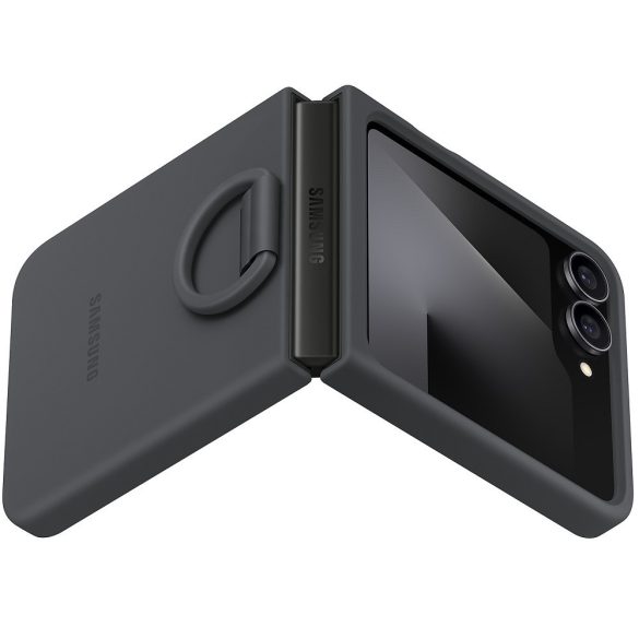 Samsung Galaxy Z Flip6 / Z Flip7 FE SM-F741B / F761B, Szilikon tok, telefongyűrű, fekete, gyári