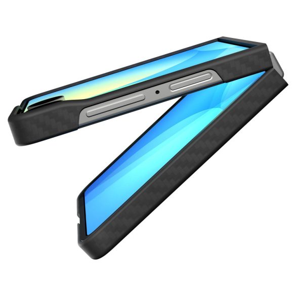 Samsung Galaxy Z Flip7 SM-F766B, Műanyag hátlap védőtok, közepesen ütésálló, ultravékony, Aramid bevonat, karbon minta, Spigen Airskin, fekete