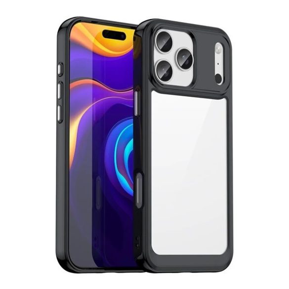 Apple iPhone 17 Pro Max, Műanyag hátlap védőtok + szilikon keret, közepesen ütésálló, átlátszó hátlap, fekete