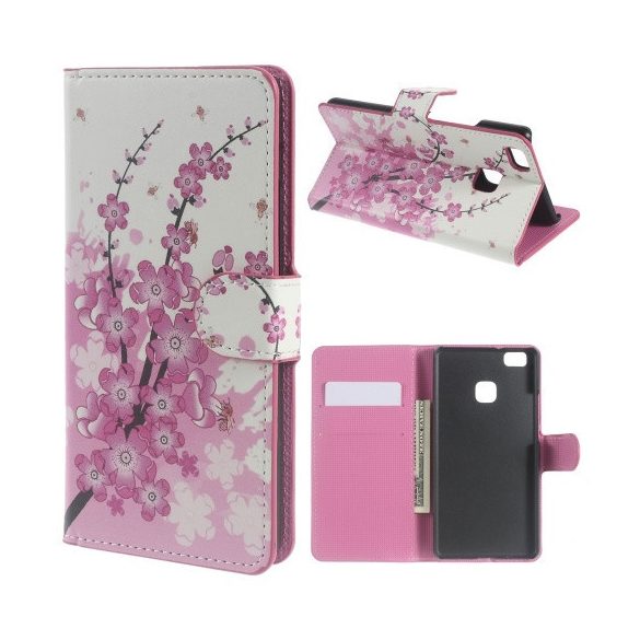 Huawei P9 Lite, Oldalra nyíló tok, stand, rózsaszín virágminta, fehér