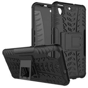 Huawei Y6 II, Műanyag hátlap védőtok, Defender, kitámasztóval és szilikon belsővel, autógumi minta, fekete