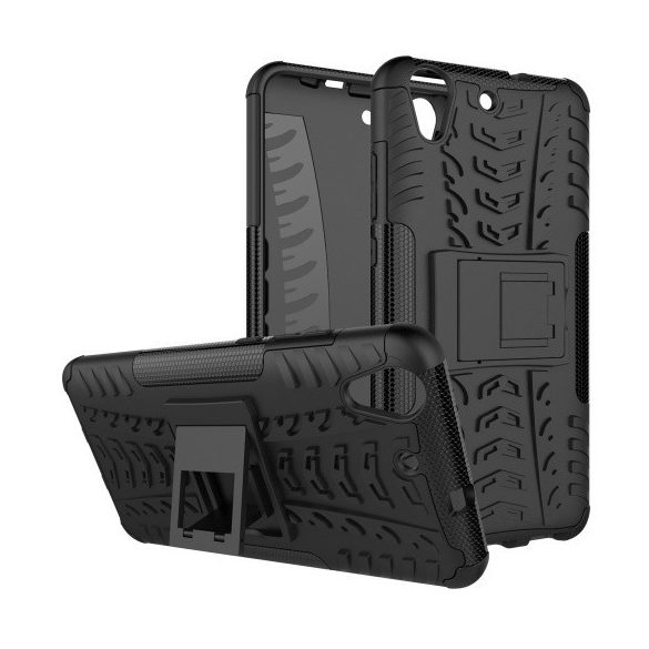 Huawei Y6 II, Műanyag hátlap védőtok, Defender, kitámasztóval és szilikon belsővel, autógumi minta, fekete