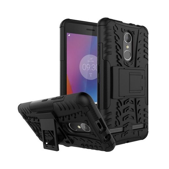 Lenovo K6 / K6 Power, Műanyag hátlap védőtok, Defender, kitámasztóval és szilikon belsővel, autógumi minta, fekete