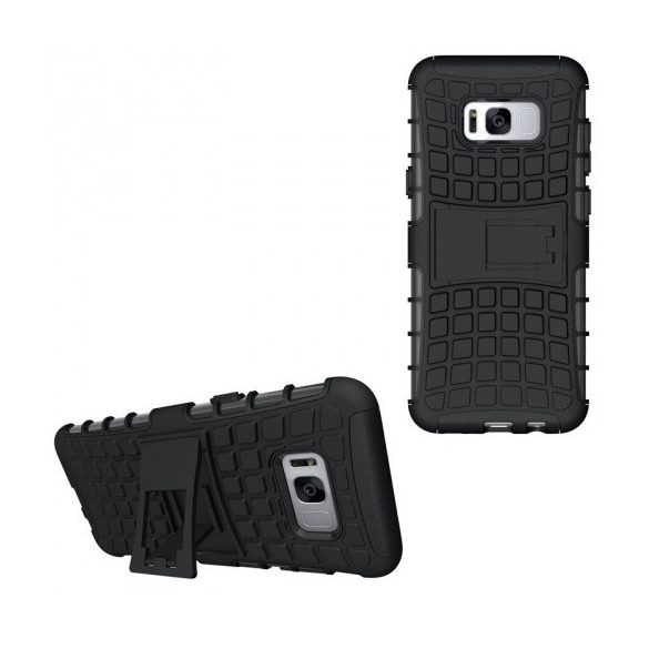 Samsung Galaxy S8 Plus SM-G955, Műanyag hátlap védőtok, Defender, kitámasztóval és szilikon belsővel, autógumi minta, fekete