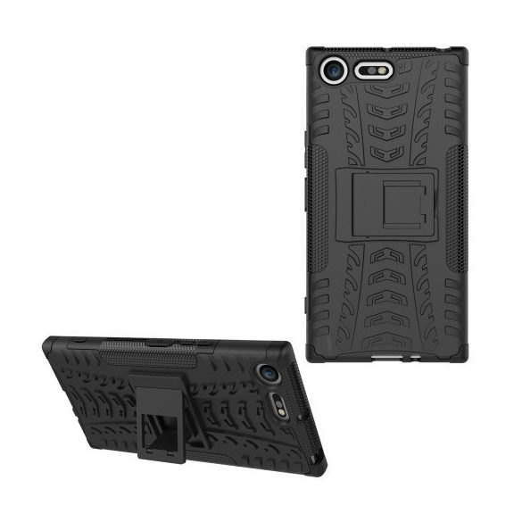 Sony Xperia XZ Premium, Műanyag hátlap védőtok, Defender, kitámasztóval és szilikon belsővel, autógumi minta, fekete