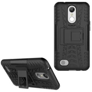 LG K10 (2017), Műanyag hátlap védőtok, Defender, kitámasztóval és szilikon belsővel, autógumi minta, fekete