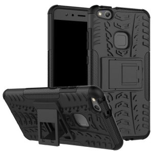 Huawei P10 Lite, Műanyag hátlap védőtok, Defender, kitámasztóval és szilikon belsővel, autógumi minta, fekete