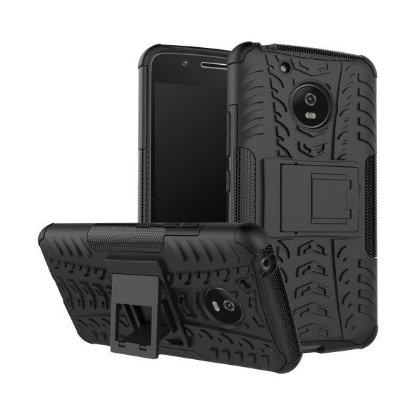 Motorola Moto G5, Műanyag hátlap védőtok, Defender, kitámasztóval és szilikon belsővel, autógumi minta, fekete