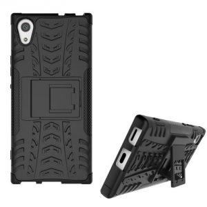 Sony Xperia XA1, Műanyag hátlap védőtok, Defender, kitámasztóval és szilikon belsővel, autógumi minta, fekete