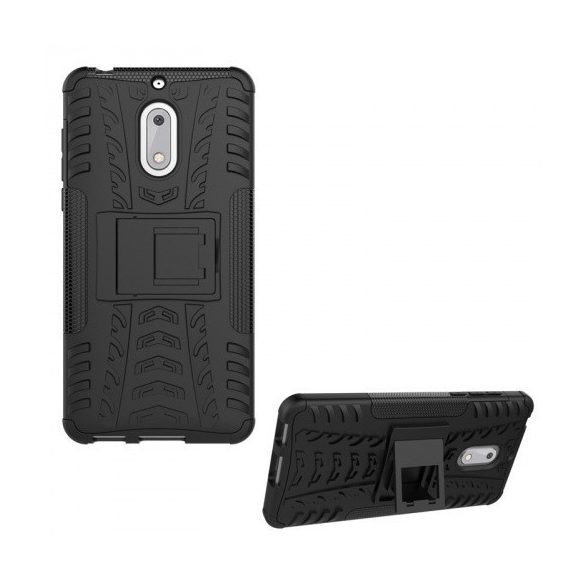 Nokia 6, Műanyag hátlap védőtok, Defender, kitámasztóval és szilikon belsővel, autógumi minta, fekete