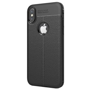 Apple iPhone X / XS, TPU szilikon tok, bőrhatású, varrásminta, fekete