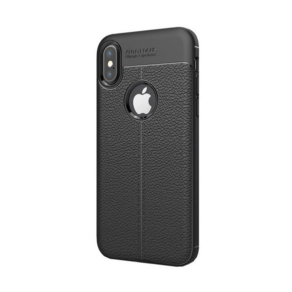Apple iPhone X / XS, TPU szilikon tok, bőrhatású, varrásminta, fekete