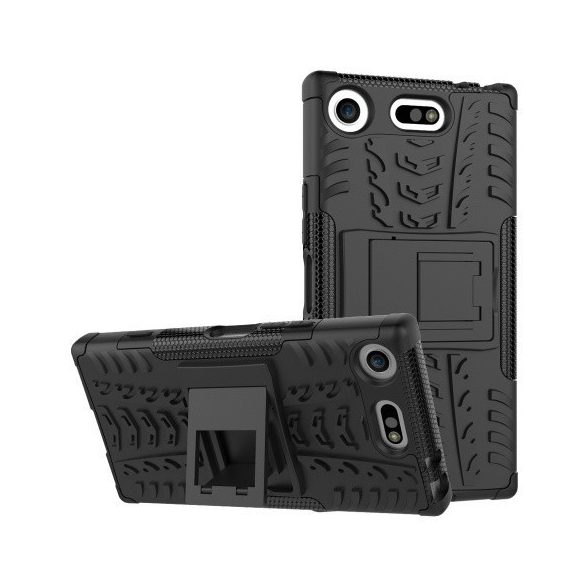 Sony Xperia XZ1 Compact, Műanyag hátlap védőtok, Defender, kitámasztóval és szilikon belsővel, autógumi minta, fekete