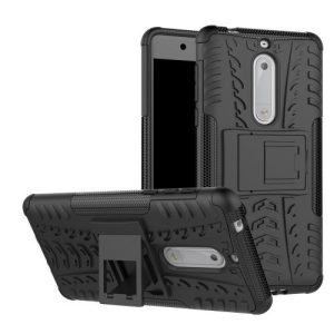 Nokia 5, Műanyag hátlap védőtok, Defender, kitámasztóval és szilikon belsővel, autógumi minta, fekete