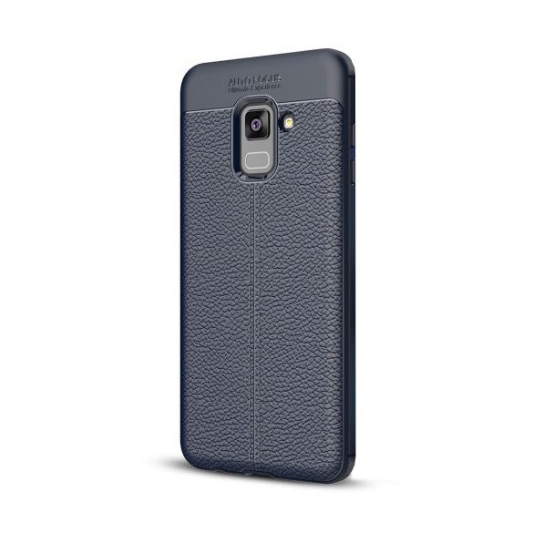 Samsung Galaxy A8 Plus (2018) SM-A730F, TPU szilikon tok, bőrhatású, varrásminta, sötétkék